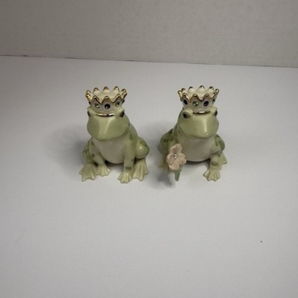 Lenox Jeweled Frog Prince and Princess Salt and Pepper Shakers with Crowns